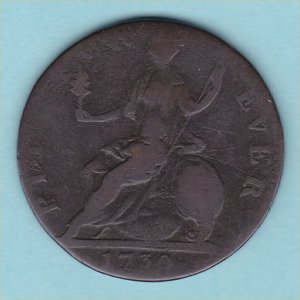 1730 HalfPenny, George II counterfeit, F Reverse
