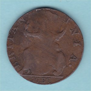 1737 HalfPenny, George II counterfeit, F Reverse