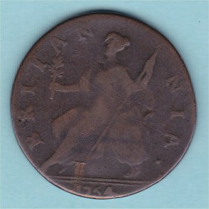 1754 HalfPenny, George II counterfeit, F Reverse