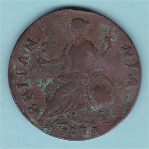 1773 HalfPenny, counterfeit, F Reverse