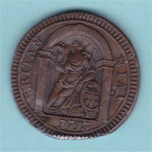 1713 Farthing, Anne,  EF, portico forgery Reverse