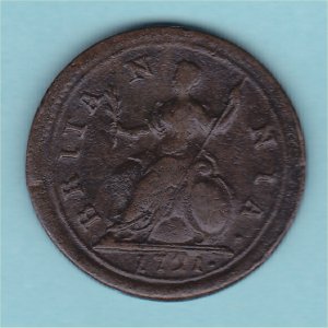 1721 Farthing, George I, stop after date, bold Fine+ Reverse