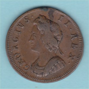 1730 Farthing, A over A, George II, nVF