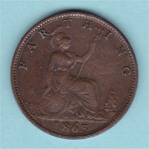 1863 Farthing, Victoria, Rare, VF Reverse