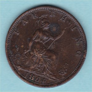 1864 Farthing, Victoria, with serif, VF Reverse