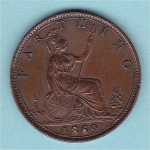 1869 Farthing, Victoria, Rare, VF Reverse