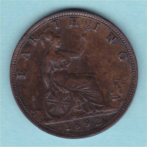 1892 Farthing, Victoria, Rare, VF Reverse