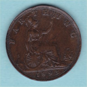 1893 Farthing, Victoria, Wide Date, VF Reverse
