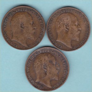 Edward VII Farthing Group, three coins around F.