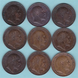 Edward VII Farthing Set, all nine coins around VF.