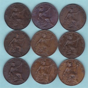Edward VII Farthing Set, all nine coins around VF. Reverse