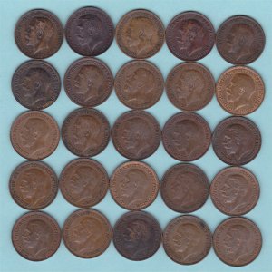 George V Farthing Set, all twenty-seven coins.