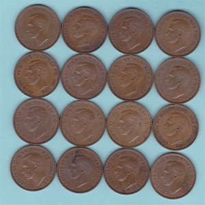 George VI Farthing Set, all sixteen coins, some with lustre.