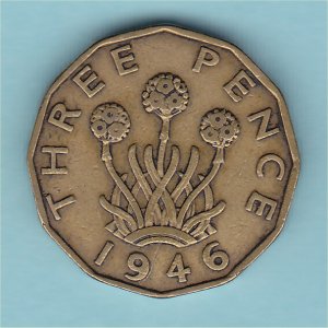 1946 Threepence, George VI, aFine Reverse