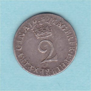 1689 Maundy Twopence, William and Mary, gVF Reverse
