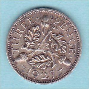 1927 Currency Threepence, George V, Rare Proof Reverse