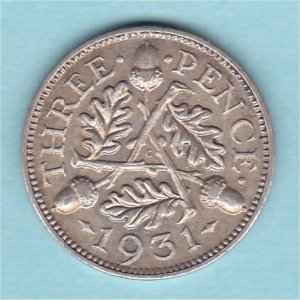 1931 Currency Threepence, George V, EF Reverse