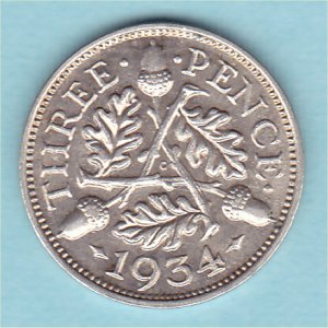 1934 Currency Threepence, George V, EF Reverse