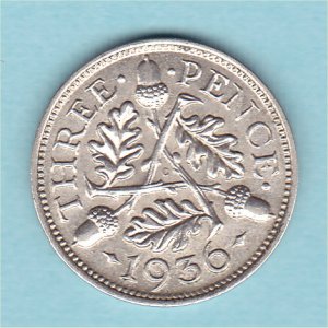 1936 Currency Threepence, George V, EF Reverse