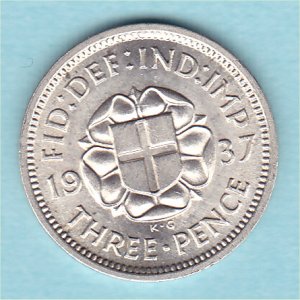 1937 Currency Threepence, George VI, aUnc Reverse