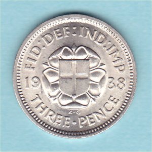 1938 Currency Threepence, George VI, aUnc Reverse