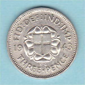 1943 Currency Threepence, George VI, EF Reverse