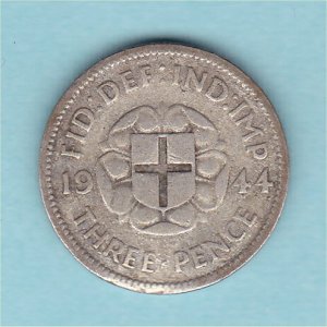 1944 Currency Threepence, George VI, aF Reverse