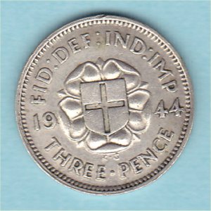 1944 Currency Threepence, George VI, EF Reverse