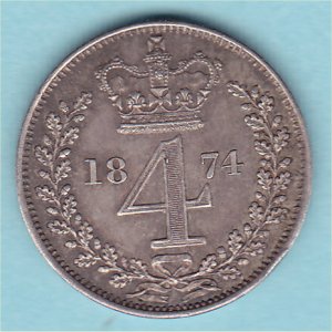 1874 Maundy Fourpence, Victoria, aEF Reverse