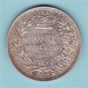 1857 Shilling, Victoria, Rare date, gEF Reverse